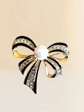 Black Enamel Bow Pearl & Crystal Brooch